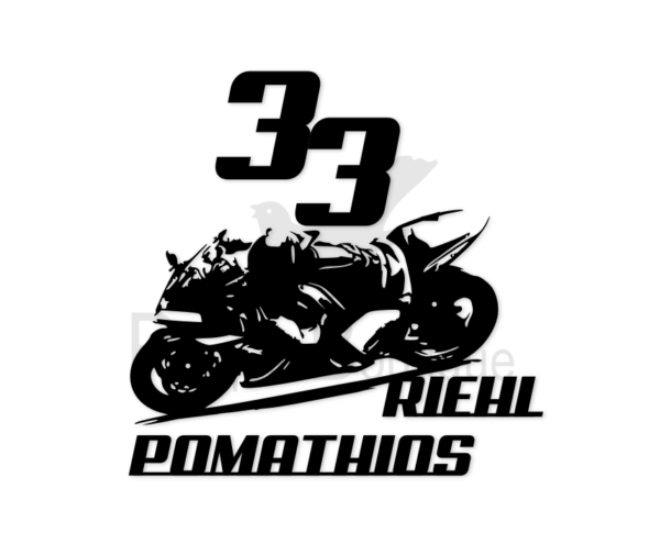 Numéro 33 avec moto et noms séparés.